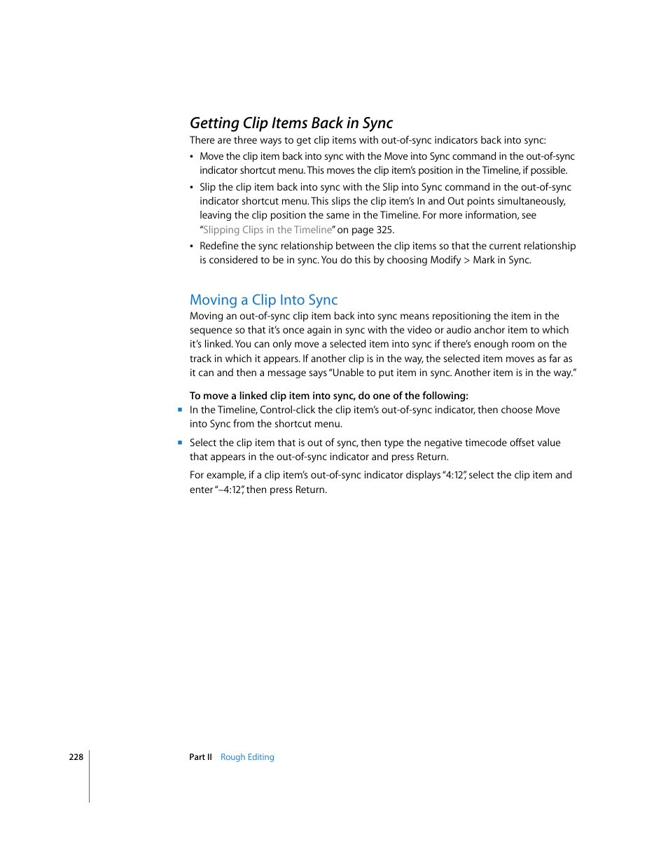 Getting clip items back in sync, Moving a clip into sync, P. 228) | Apple Final Cut Pro 5 User Manual | Page 563 / 1868