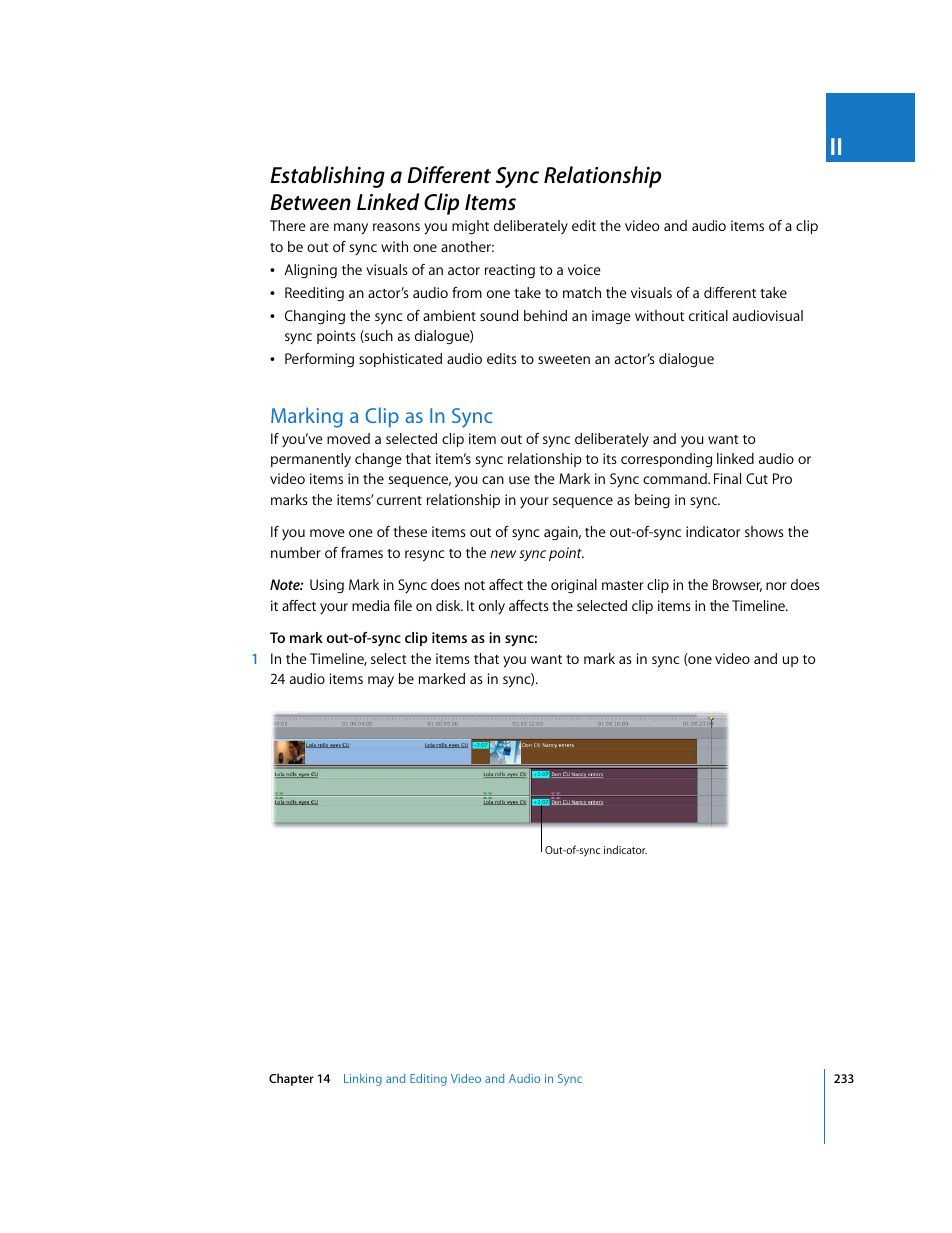 Marking a clip as in sync, P. 233) | Apple Final Cut Pro 5 User Manual | Page 568 / 1868