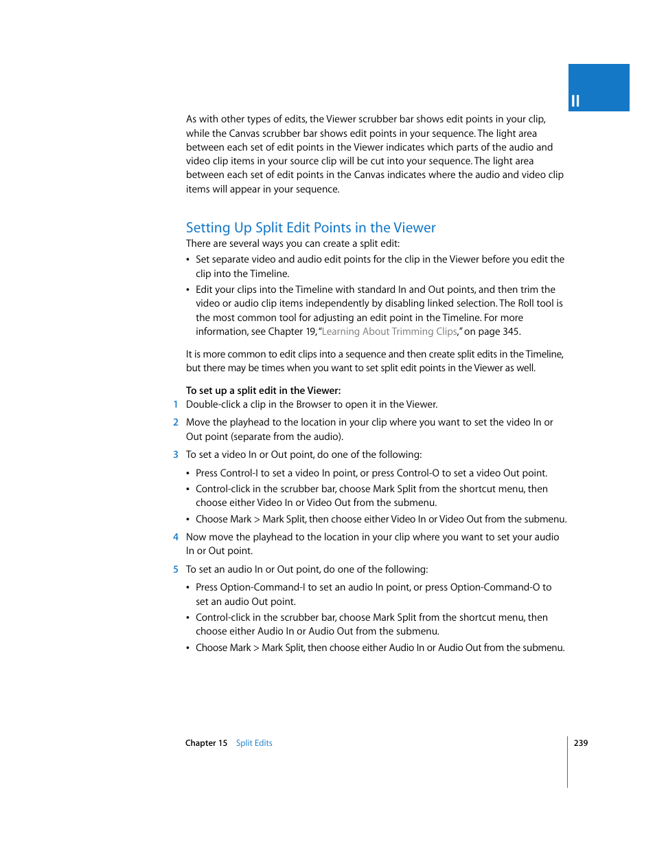 Setting up split edit points in the viewer, P. 239) | Apple Final Cut Pro 5 User Manual | Page 574 / 1868