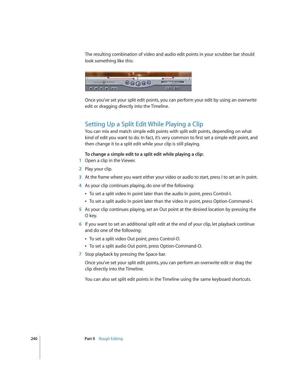 Setting up a split edit while playing a clip, P. 240) | Apple Final Cut Pro 5 User Manual | Page 575 / 1868