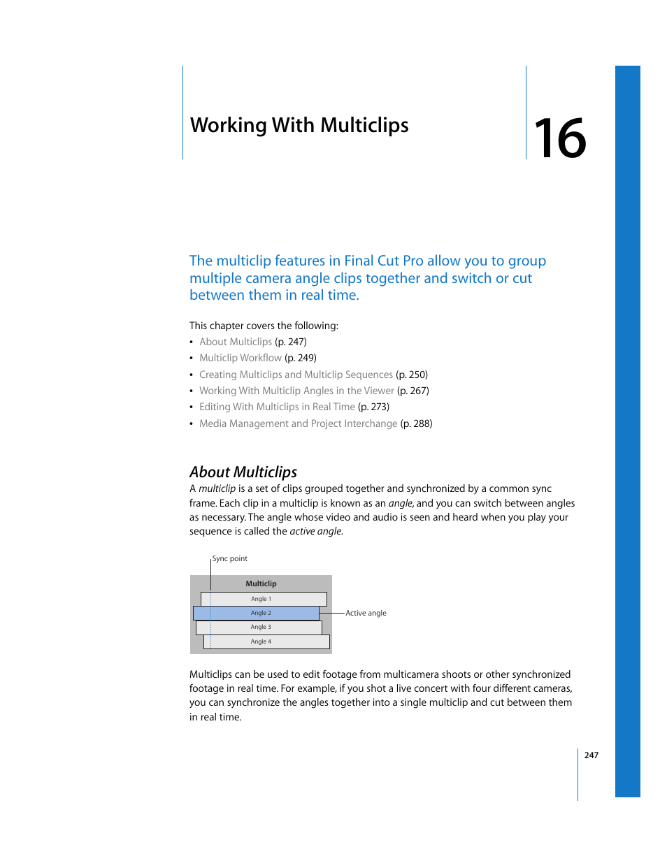 Working with multiclips, About multiclips, Chapter 16 | Apple Final Cut Pro 5 User Manual | Page 582 / 1868