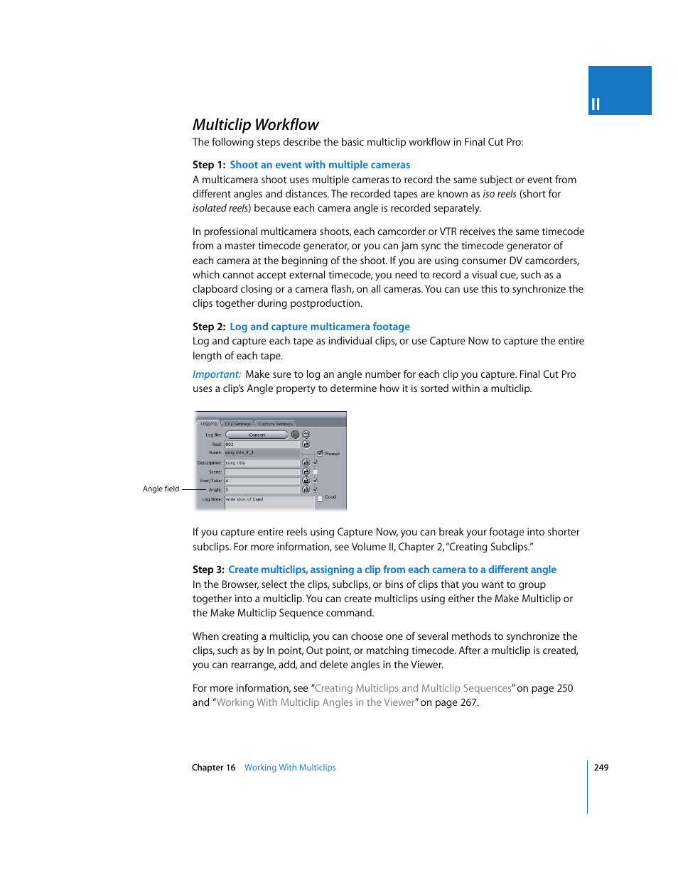 Multiclip workflow, P. 249) | Apple Final Cut Pro 5 User Manual | Page 584 / 1868