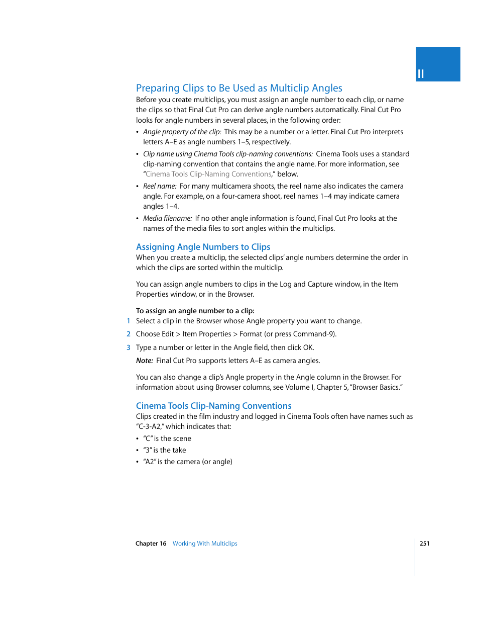 Preparing clips to be used as multiclip angles, Assigning angle numbers to clips, Cinema tools clip-naming conventions | Apple Final Cut Pro 5 User Manual | Page 586 / 1868