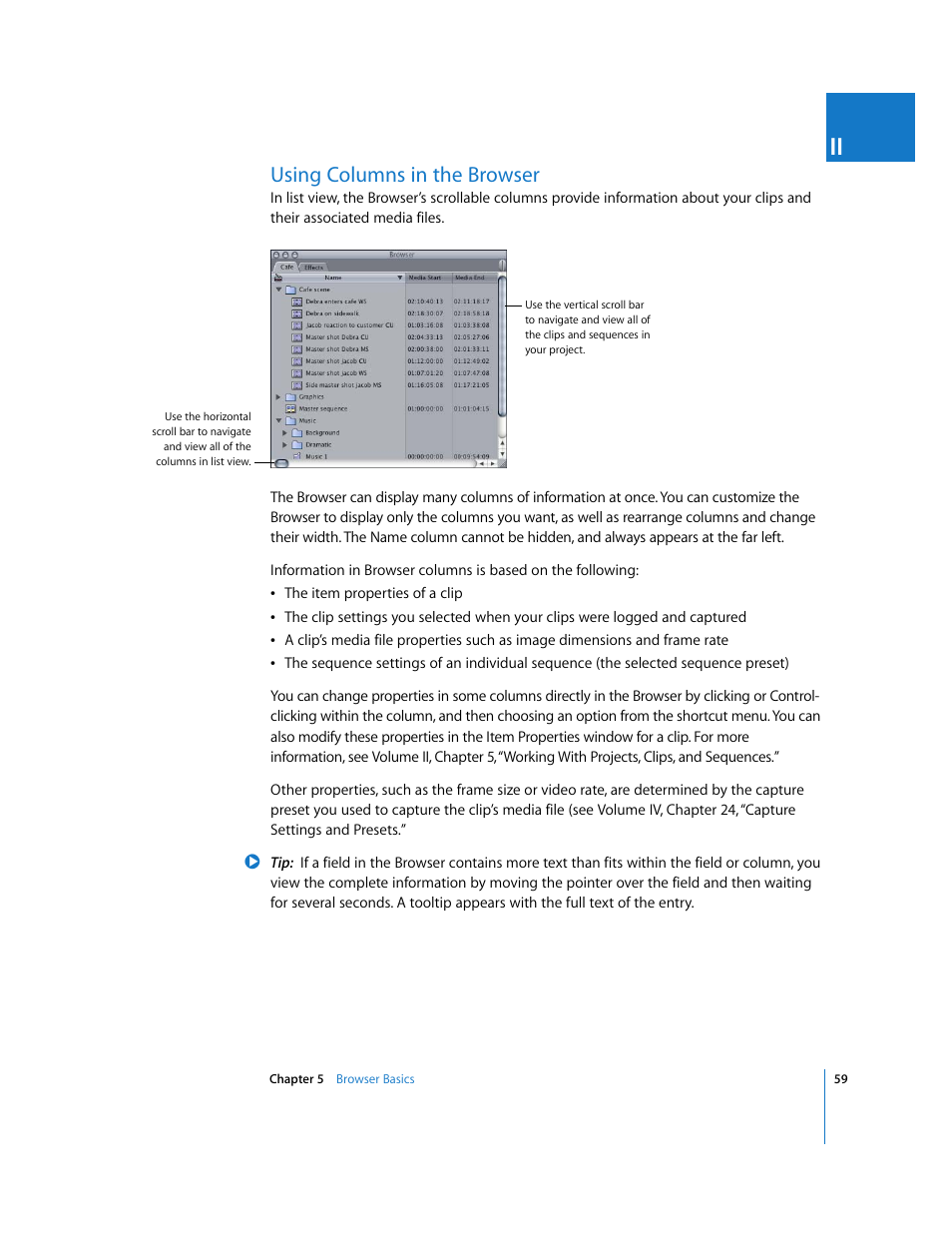 Using columns in the browser, P. 59) | Apple Final Cut Pro 5 User Manual | Page 60 / 1868