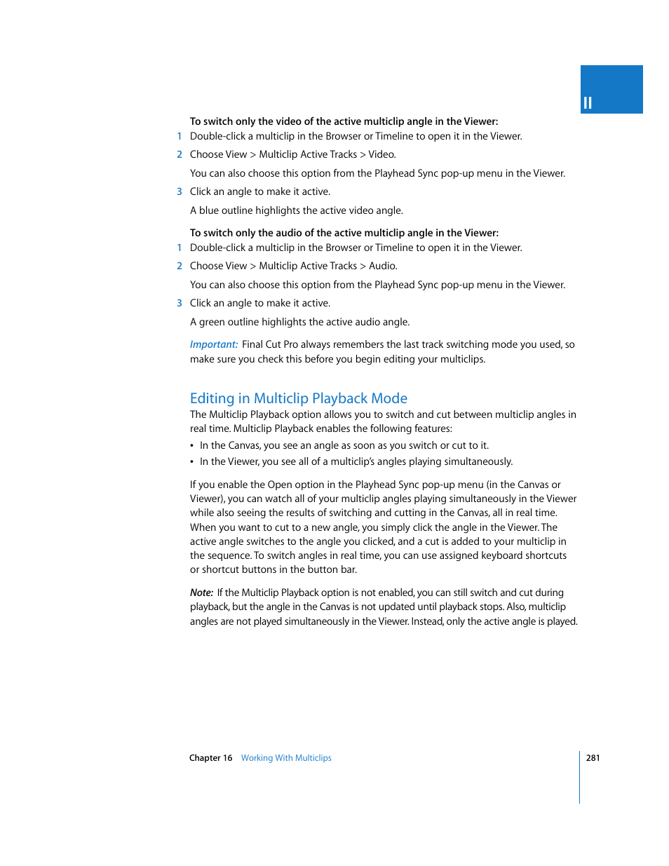 Editing in multiclip playback mode, Editing in, Multiclip playback mode | Apple Final Cut Pro 5 User Manual | Page 616 / 1868