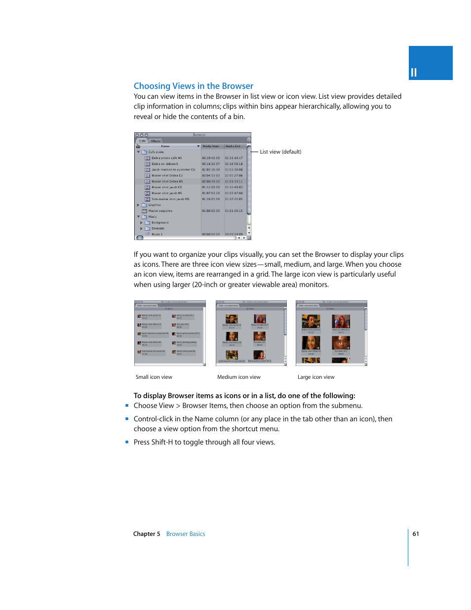 Choosing views in the browser | Apple Final Cut Pro 5 User Manual | Page 62 / 1868