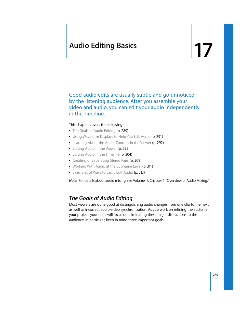 Audio editing basics, The goals of audio editing, Chapter 17 | En in chapter 17, Audio editing, Basics | Apple Final Cut Pro 5 User Manual | Page 624 / 1868