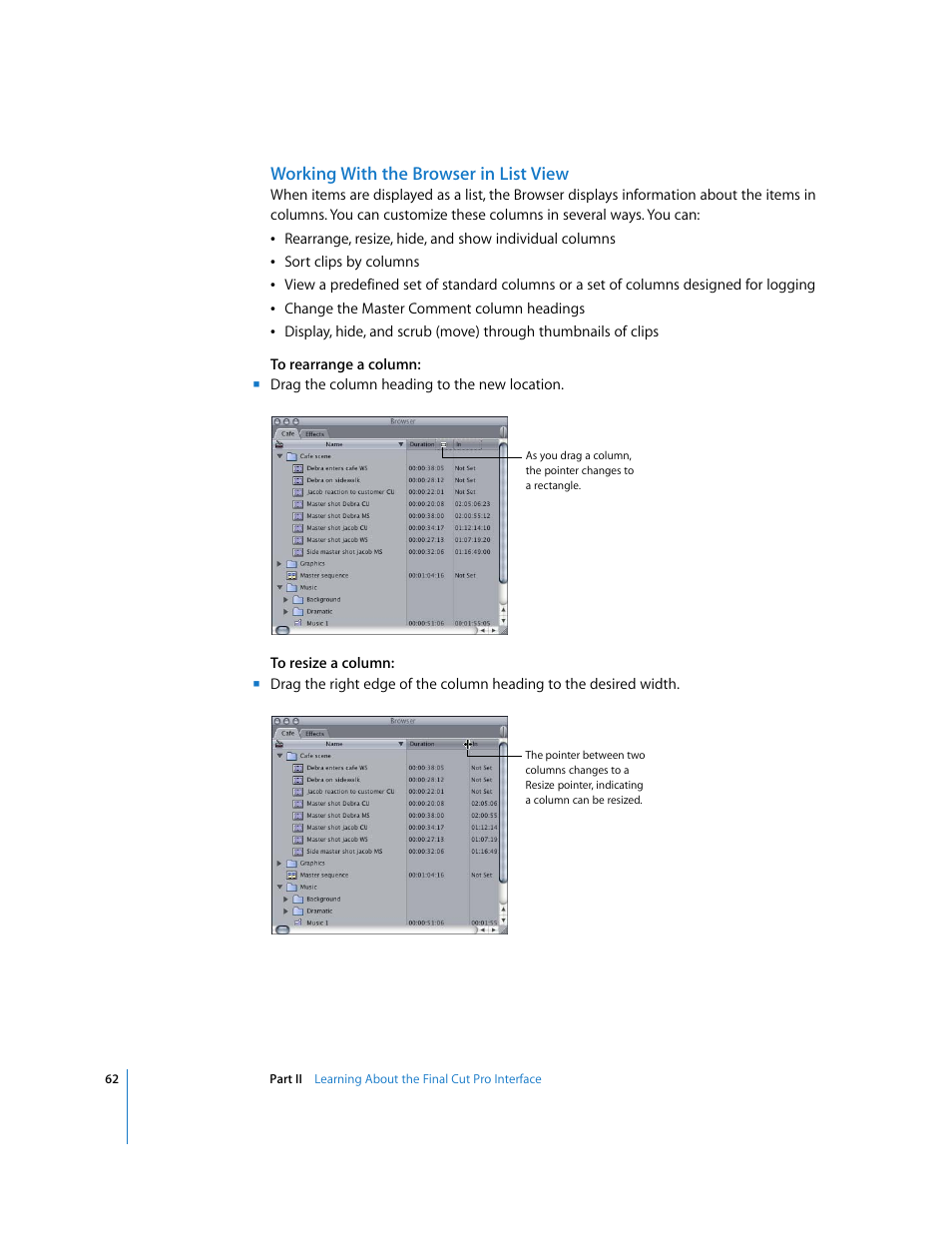 Working with the browser in list view | Apple Final Cut Pro 5 User Manual | Page 63 / 1868