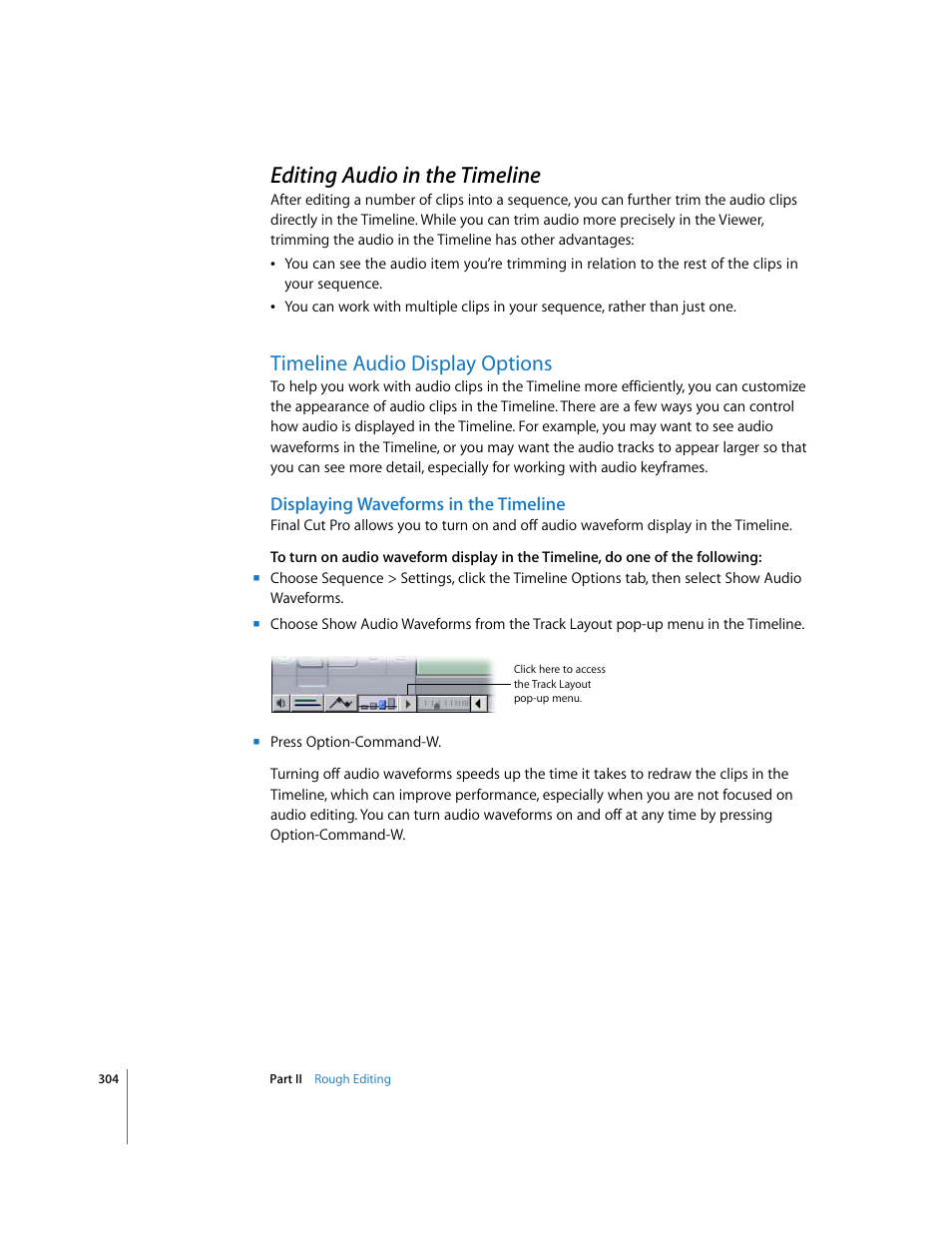 Editing audio in the timeline, Timeline audio display options, Displaying waveforms in the timeline | P. 304) | Apple Final Cut Pro 5 User Manual | Page 639 / 1868