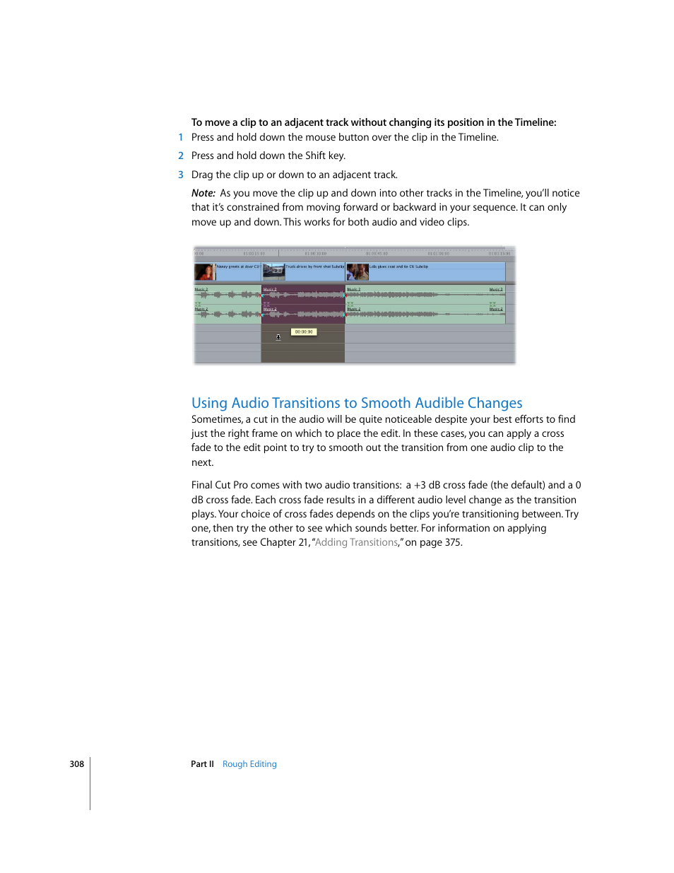 Using audio transitions to smooth audible changes | Apple Final Cut Pro 5 User Manual | Page 643 / 1868