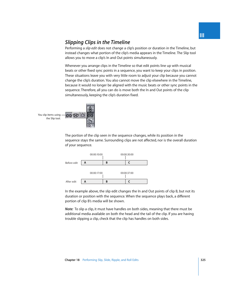 Slipping clips in the timeline, P. 325) | Apple Final Cut Pro 5 User Manual | Page 660 / 1868
