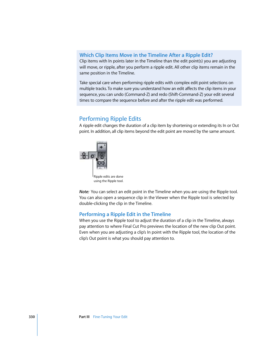 Performing ripple edits, Performing a ripple edit in the timeline | Apple Final Cut Pro 5 User Manual | Page 665 / 1868