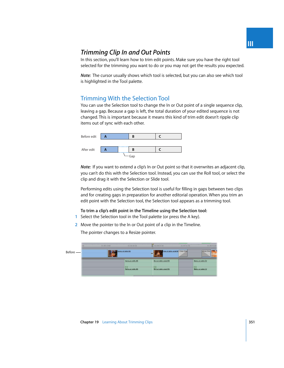 Trimming clip in and out points, Trimming with the selection tool, P. 351) | Apple Final Cut Pro 5 User Manual | Page 686 / 1868
