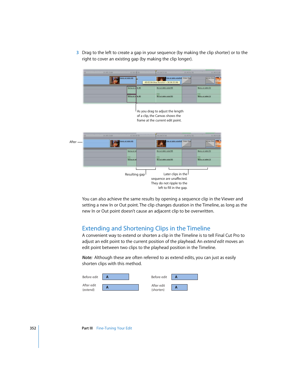 Extending and shortening clips in the timeline | Apple Final Cut Pro 5 User Manual | Page 687 / 1868