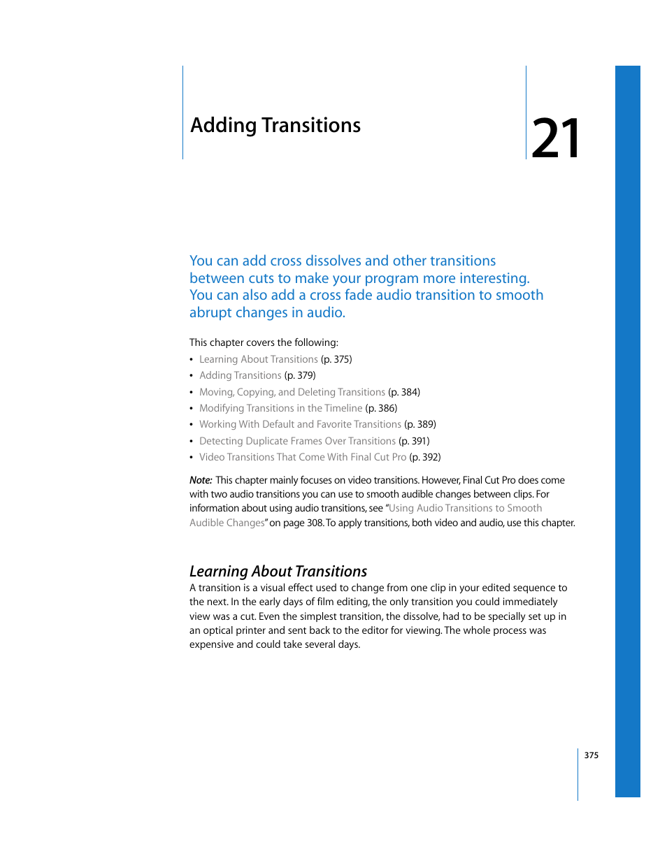 Adding transitions, Learning about transitions, Chapter 21 | Apple Final Cut Pro 5 User Manual | Page 710 / 1868