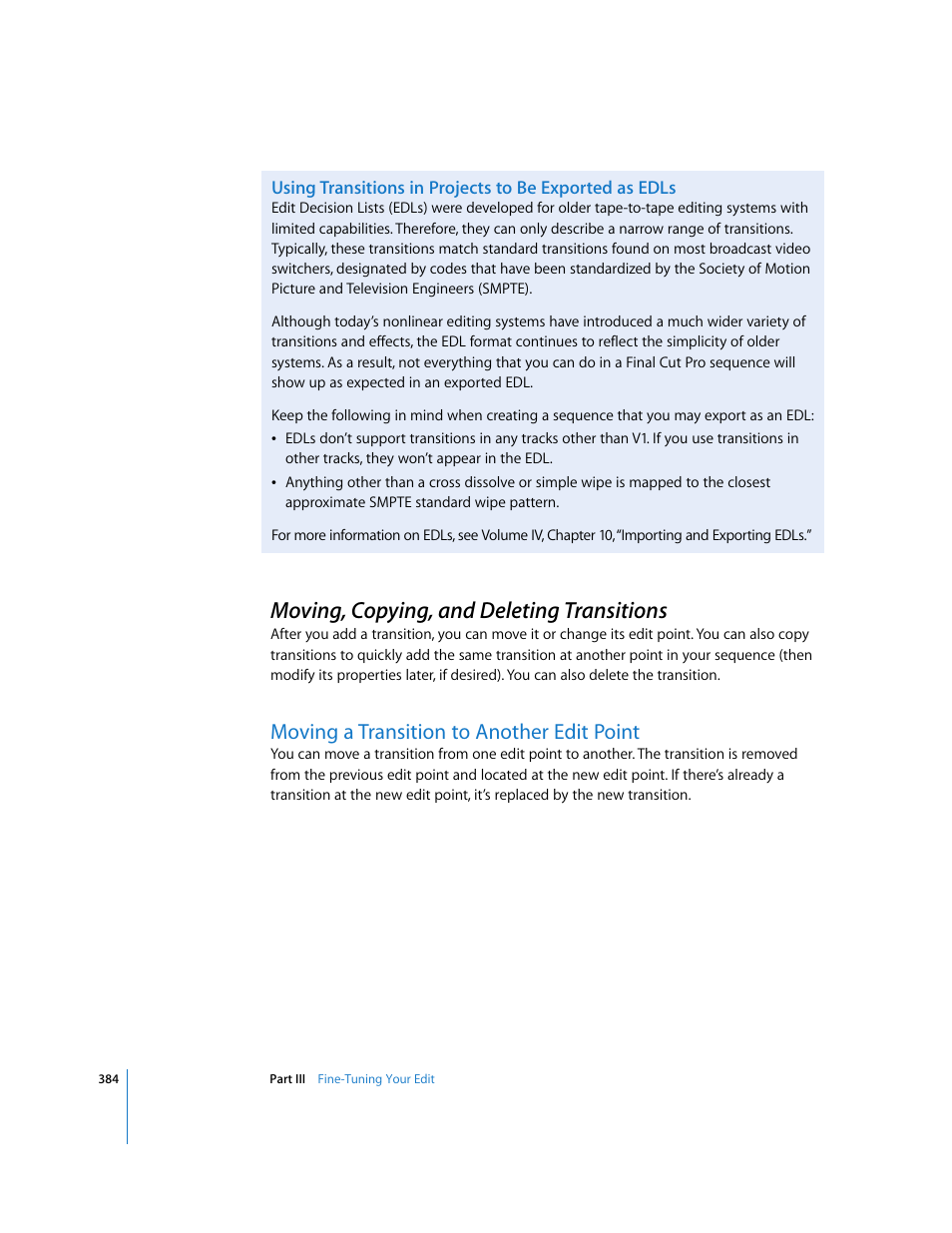 Moving, copying, and deleting transitions, Moving a transition to another edit point, P. 384) | Apple Final Cut Pro 5 User Manual | Page 719 / 1868
