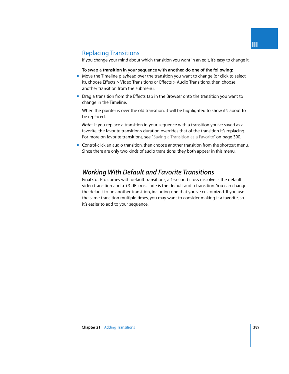 Replacing transitions, Working with default and favorite transitions, P. 389) | Apple Final Cut Pro 5 User Manual | Page 724 / 1868