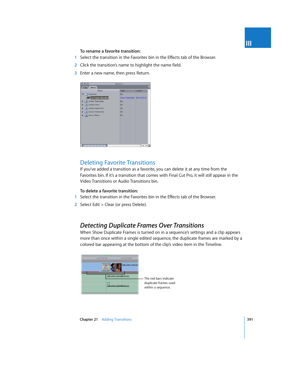 Deleting favorite transitions, Detecting duplicate frames over transitions, P. 391) | Apple Final Cut Pro 5 User Manual | Page 726 / 1868