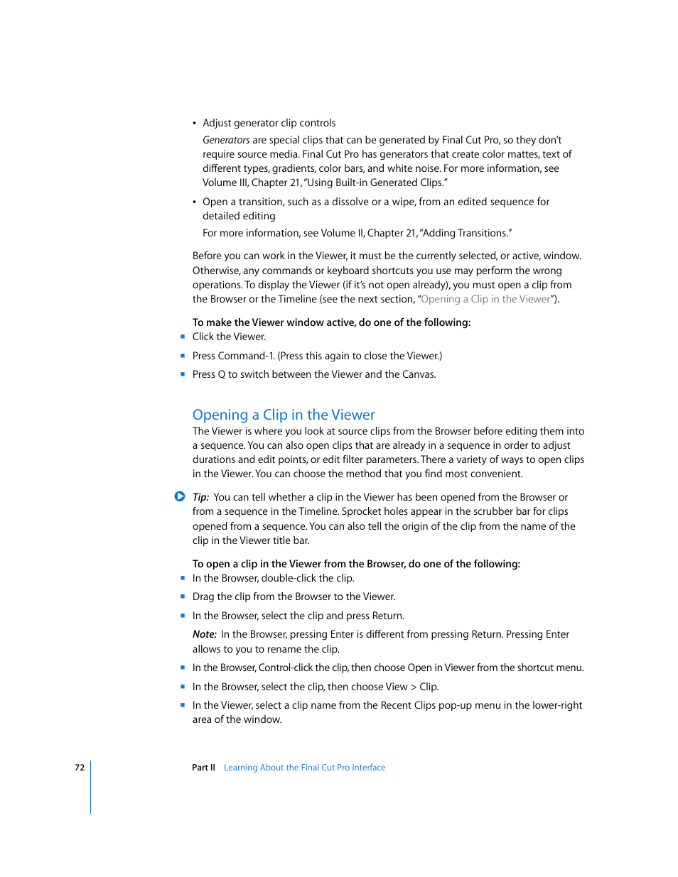 Opening a clip in the viewer, P. 72) | Apple Final Cut Pro 5 User Manual | Page 73 / 1868