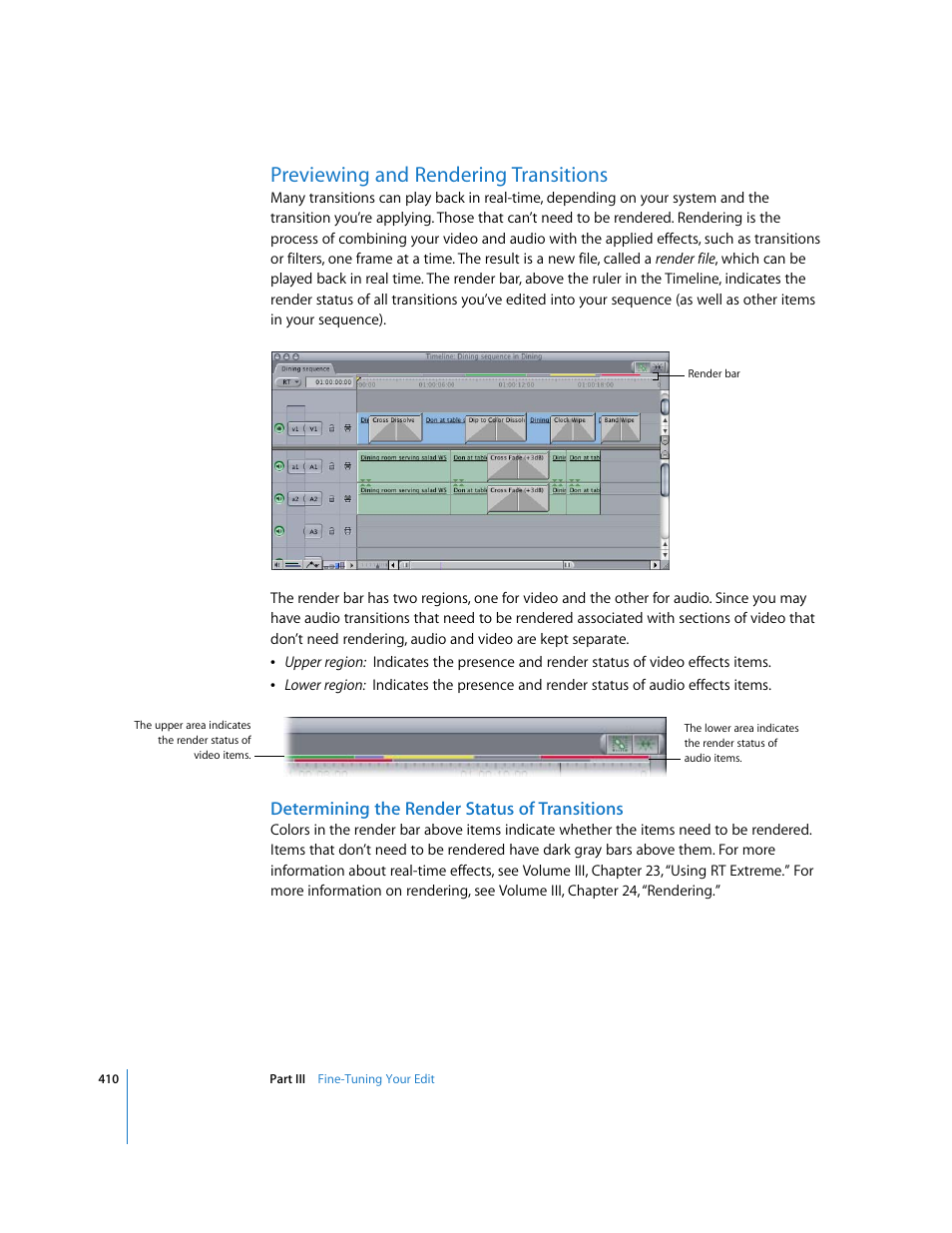 Previewing and rendering transitions, Determining the render status of transitions, P. 410) | Apple Final Cut Pro 5 User Manual | Page 745 / 1868