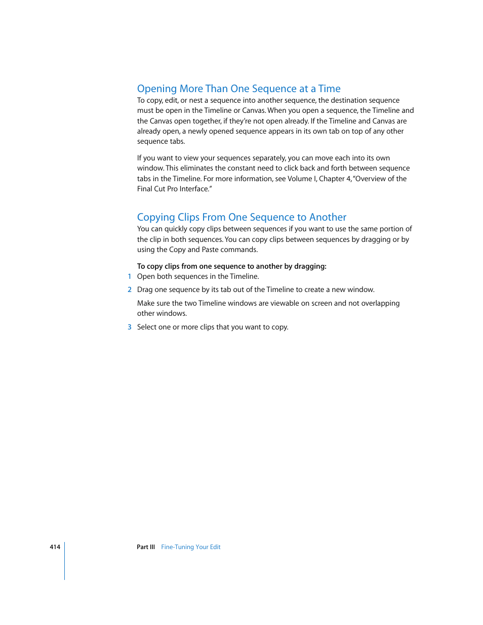 Opening more than one sequence at a time, Copying clips from one sequence to another, P. 414) | Apple Final Cut Pro 5 User Manual | Page 749 / 1868