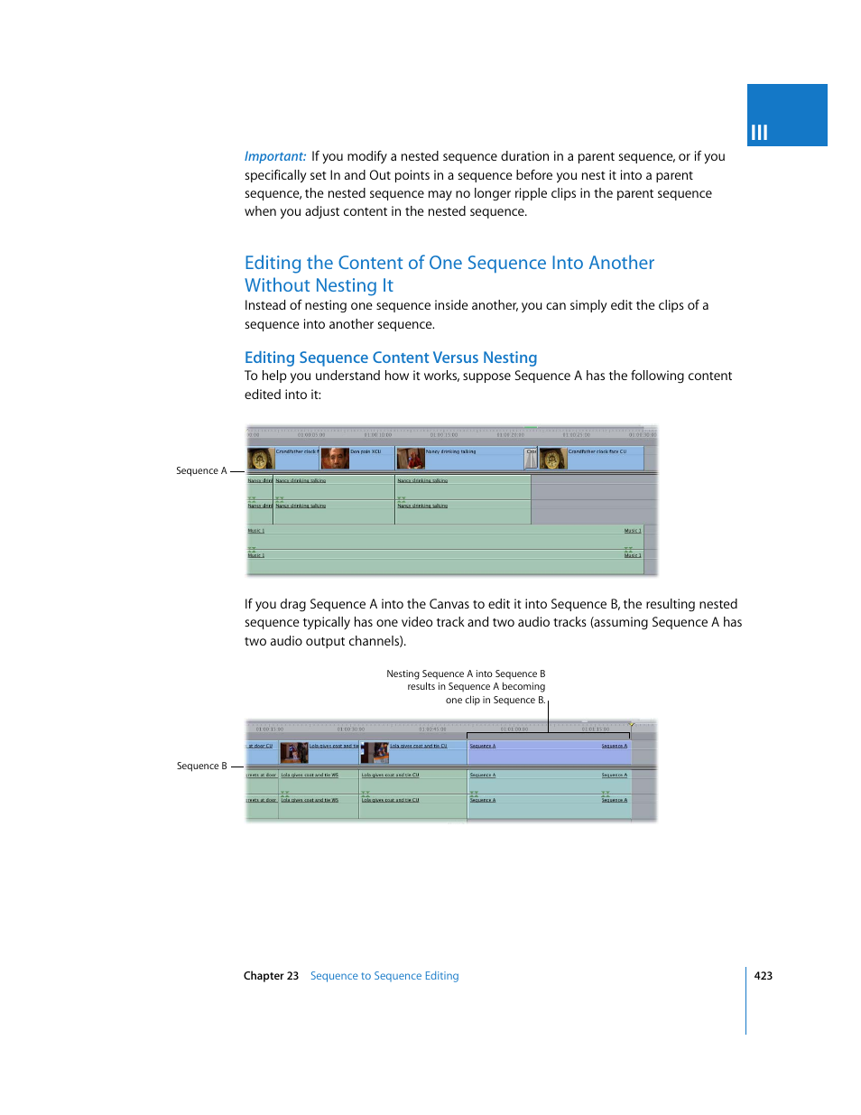 Editing sequence content versus nesting, P. 423), Editing the content of one sequence | Into another without nesting it | Apple Final Cut Pro 5 User Manual | Page 758 / 1868