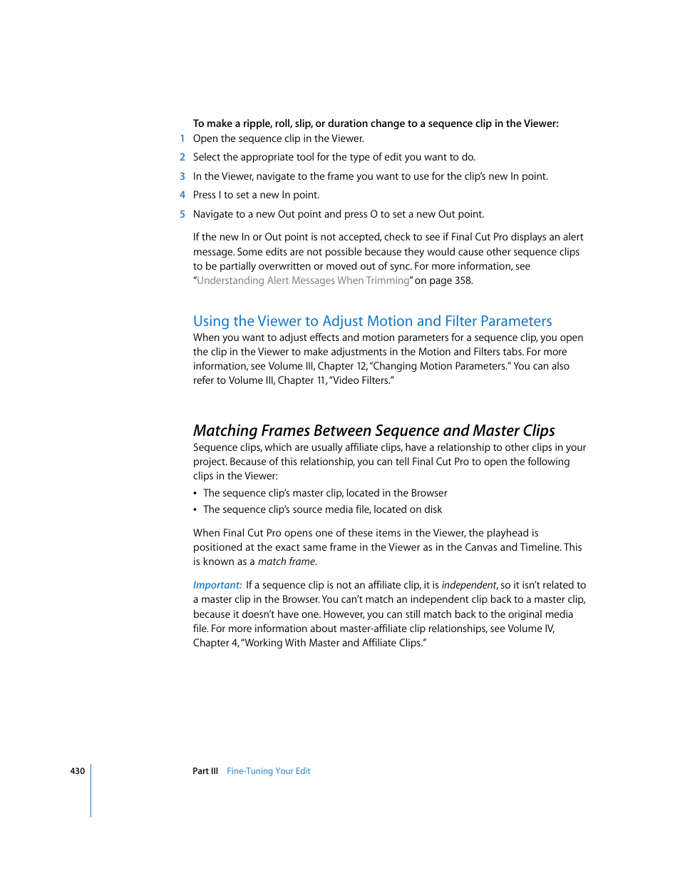 Matching frames between sequence and master clips, Matching, Frames between sequence and master clips | P. 430) | Apple Final Cut Pro 5 User Manual | Page 765 / 1868