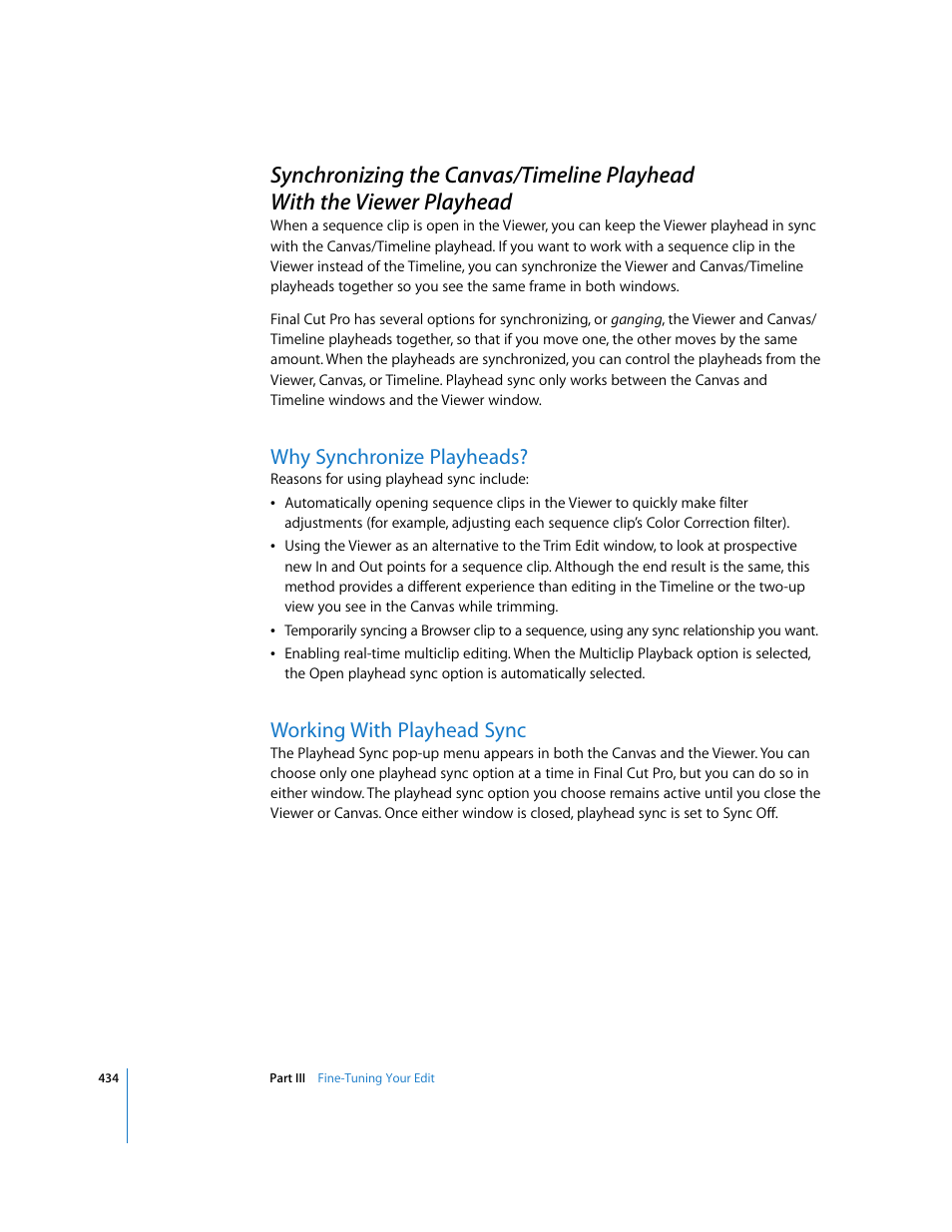 Why synchronize playheads, Working with playhead sync, P. 434) | Apple Final Cut Pro 5 User Manual | Page 769 / 1868