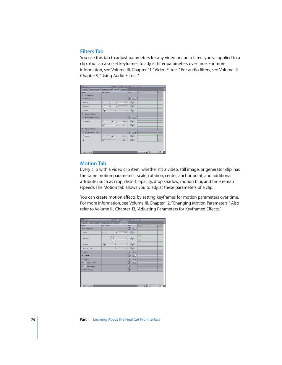 Filters tab, Motion tab | Apple Final Cut Pro 5 User Manual | Page 77 / 1868