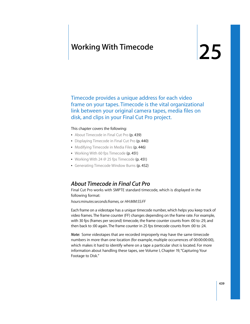 Working with timecode, About timecode in final cut pro, Chapter 25 | Apple Final Cut Pro 5 User Manual | Page 774 / 1868
