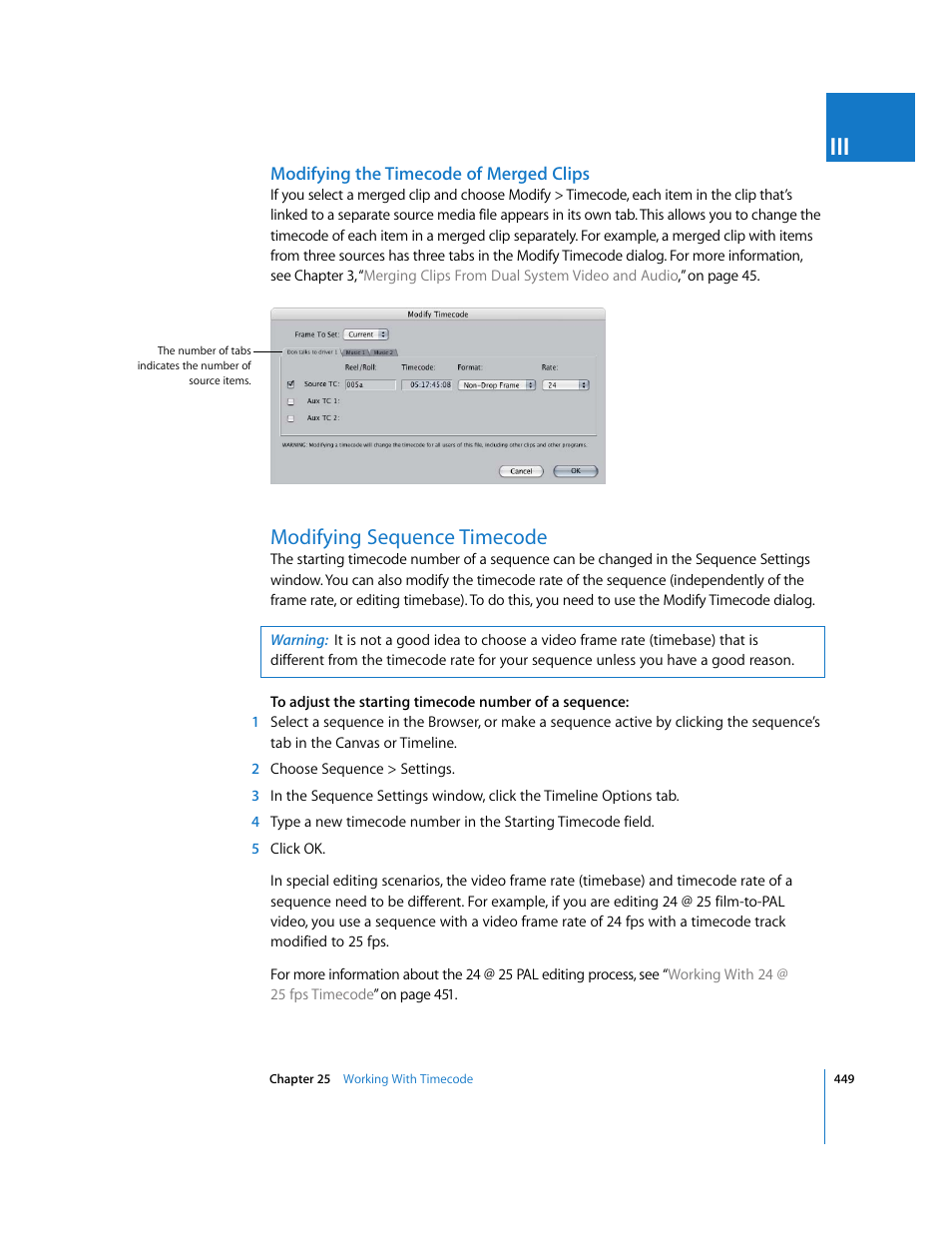 Modifying the timecode of merged clips, Modifying sequence timecode | Apple Final Cut Pro 5 User Manual | Page 784 / 1868