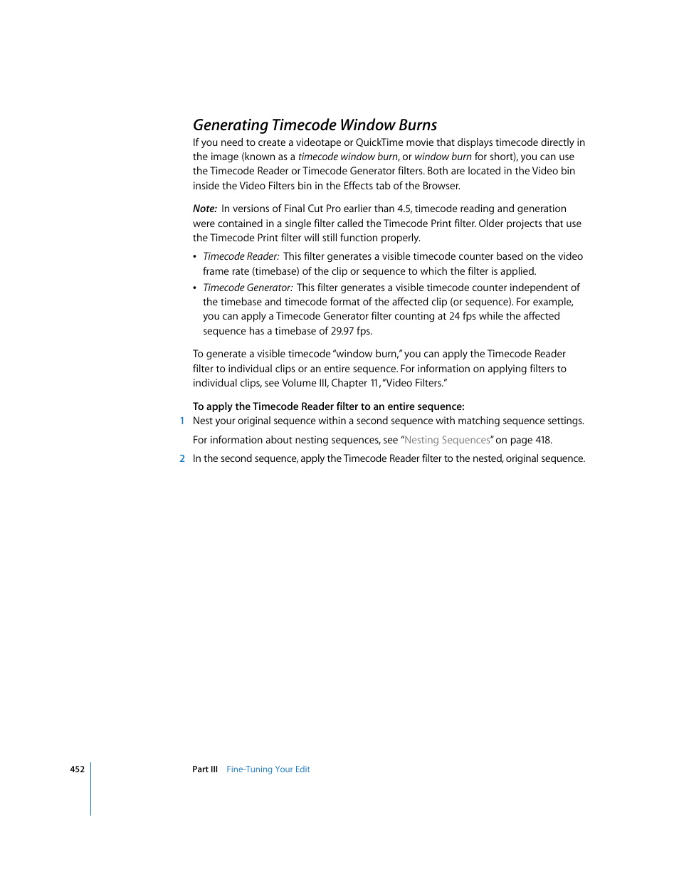 Generating timecode window burns, P. 452) | Apple Final Cut Pro 5 User Manual | Page 787 / 1868