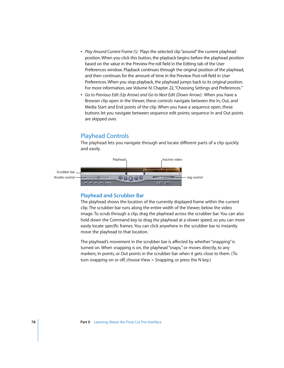 Playhead controls, Playhead and scrubber bar, P. 78) | Apple Final Cut Pro 5 User Manual | Page 79 / 1868