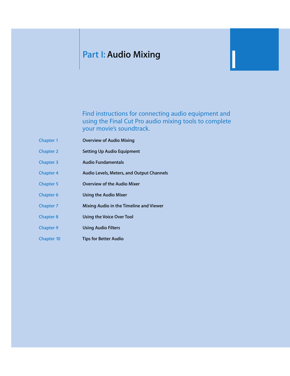 Part i: audio mixing, Part i, Audio mixing | Apple Final Cut Pro 5 User Manual | Page 800 / 1868