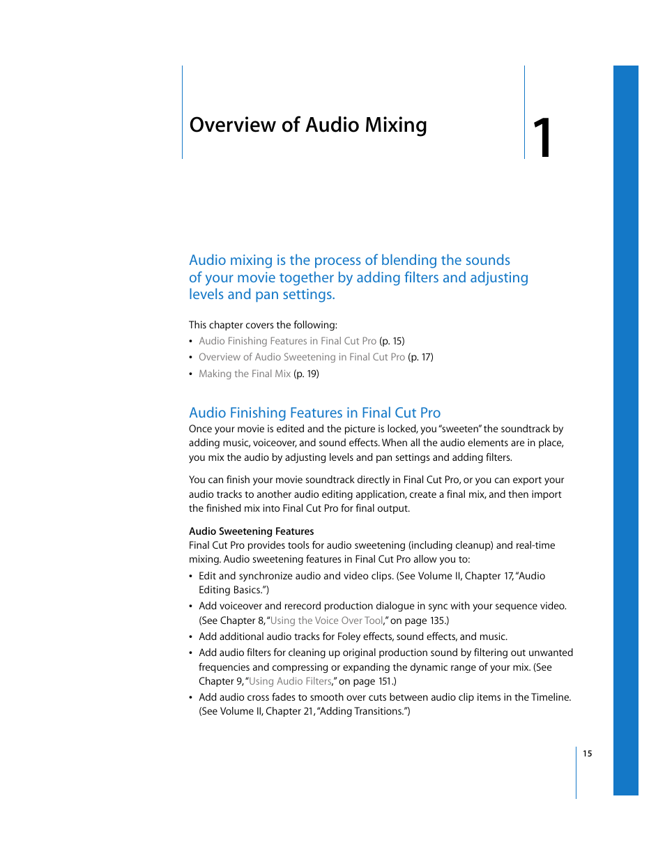 Overview of audio mixing, Audio finishing features in final cut pro, Chapter 1 | Apple Final Cut Pro 5 User Manual | Page 802 / 1868