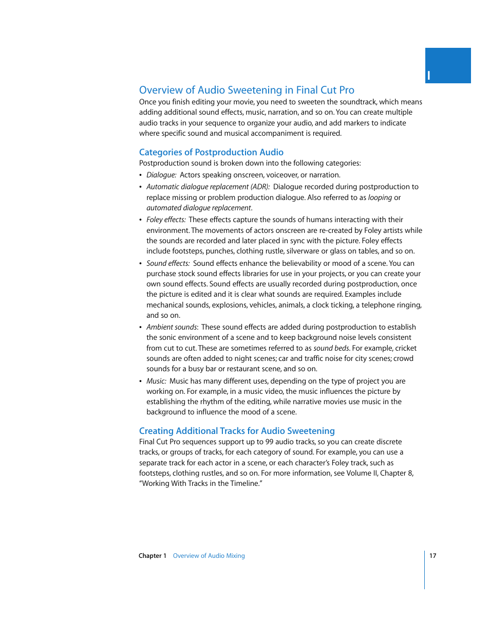 Overview of audio sweetening in final cut pro, Categories of postproduction audio, Creating additional tracks for audio sweetening | P. 17) | Apple Final Cut Pro 5 User Manual | Page 804 / 1868