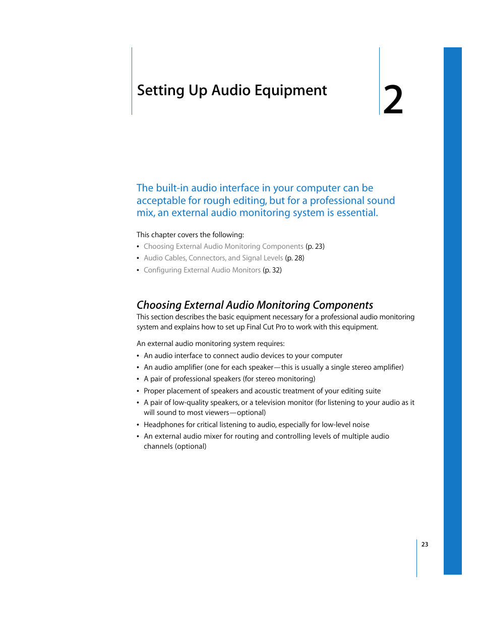 Setting up audio equipment, Choosing external audio monitoring components, Chapter 2 | See chapter 2, Setting up audio, Equipment | Apple Final Cut Pro 5 User Manual | Page 810 / 1868