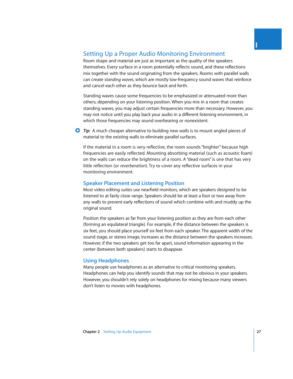 Setting up a proper audio monitoring environment, Speaker placement and listening position, Using headphones | Apple Final Cut Pro 5 User Manual | Page 814 / 1868