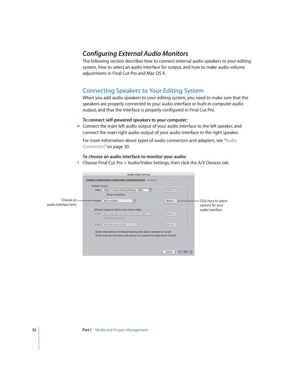 Configuring external audio monitors, Connecting speakers to your editing system, P. 32) | Apple Final Cut Pro 5 User Manual | Page 819 / 1868