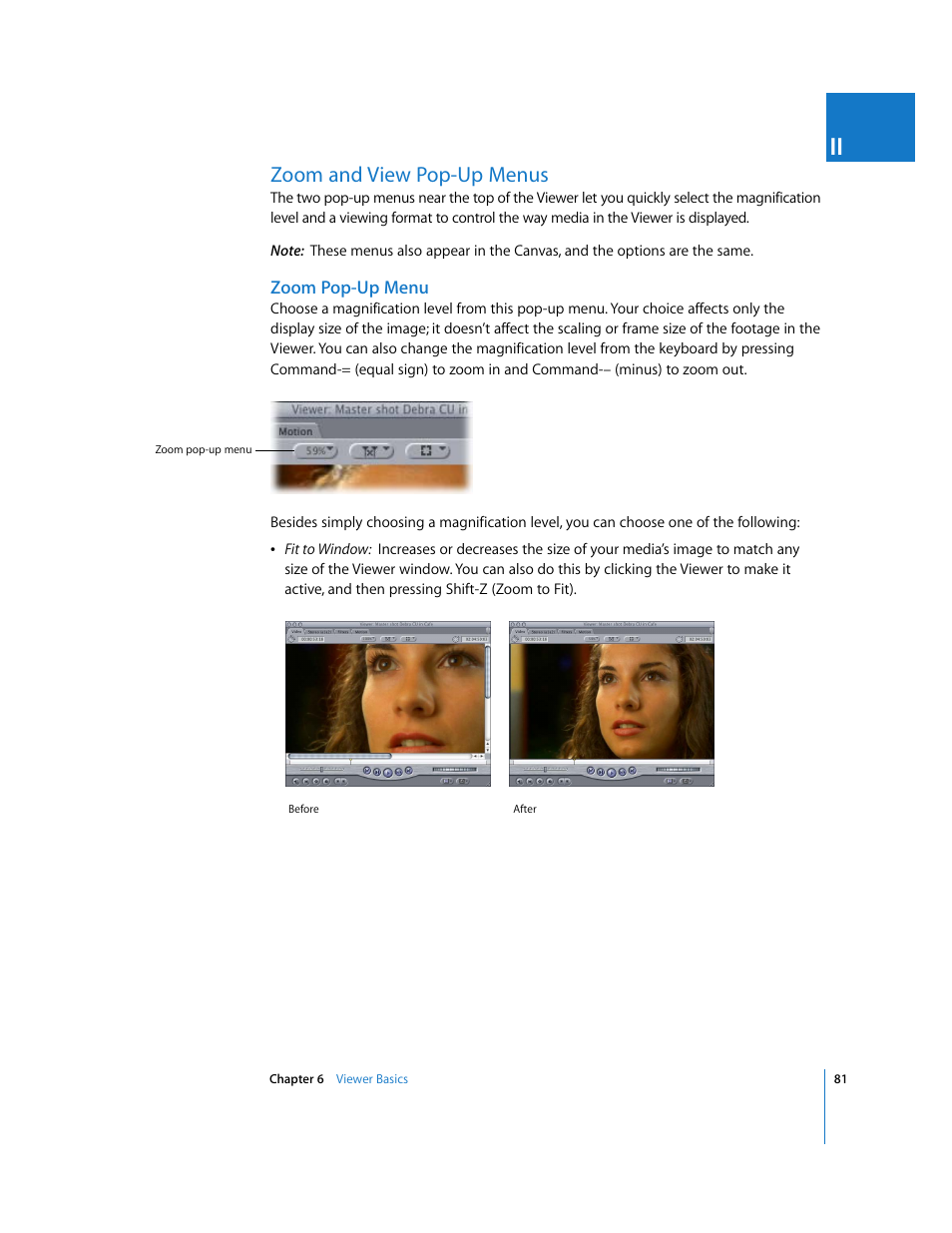 Zoom and view pop-up menus, Zoom pop-up menu, P. 81) | Apple Final Cut Pro 5 User Manual | Page 82 / 1868