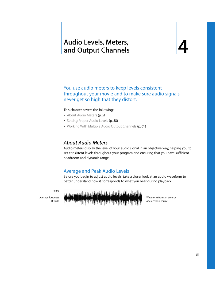 Audio levels, meters, and output channels, About audio meters, Average and peak audio levels | Chapter 4, Ee chapter 4 | Apple Final Cut Pro 5 User Manual | Page 838 / 1868