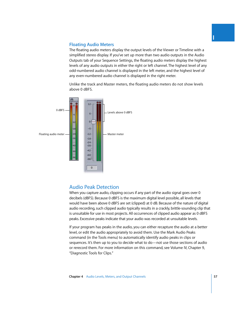 Floating audio meters, Audio peak detection, W (see | Apple Final Cut Pro 5 User Manual | Page 844 / 1868