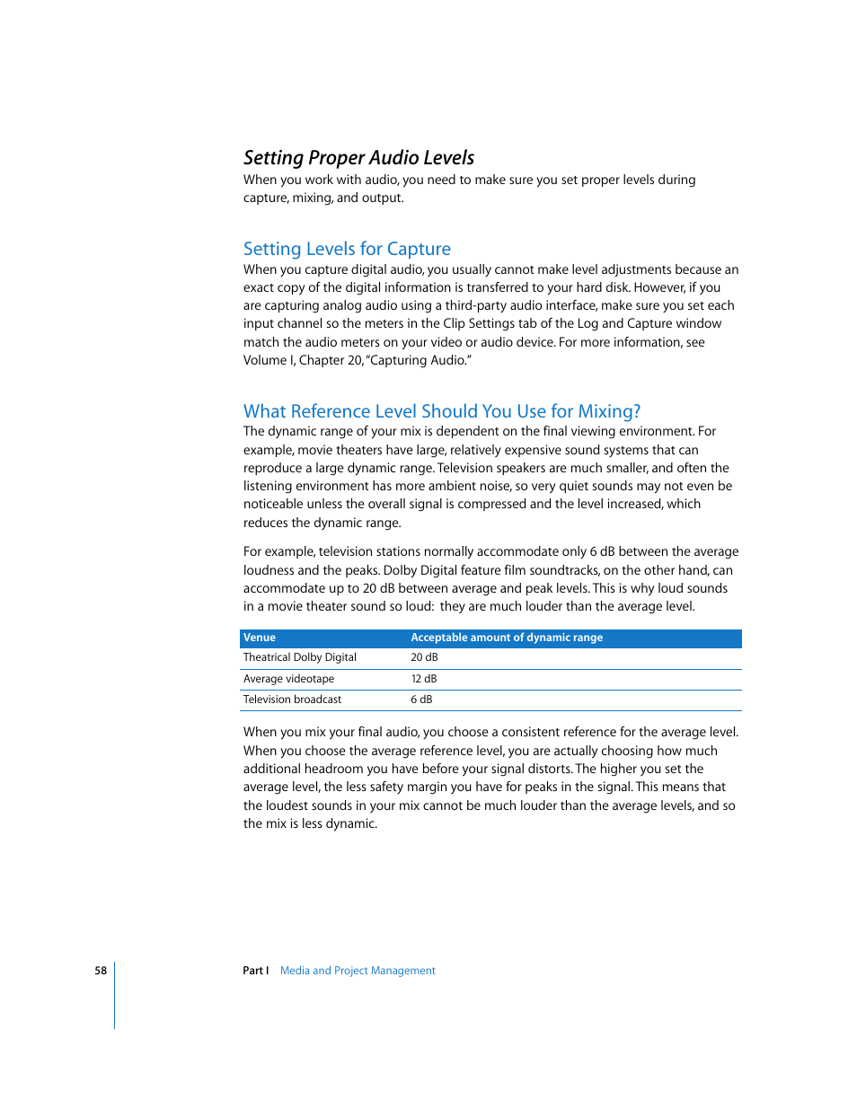 Setting proper audio levels, Setting levels for capture, What reference level should you use for mixing | P. 58) | Apple Final Cut Pro 5 User Manual | Page 845 / 1868