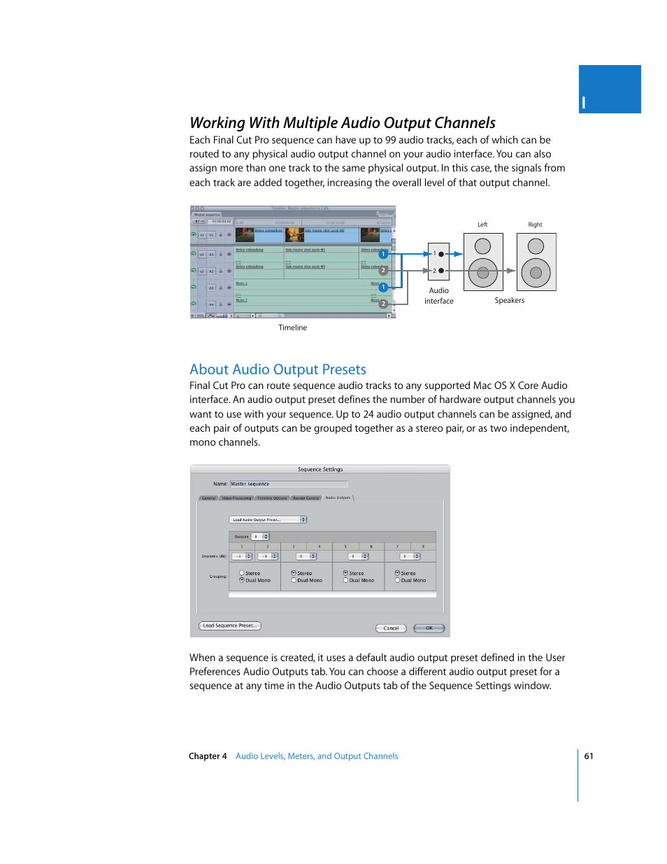 Working with multiple audio output channels, About audio output presets, About audio output | Presets, P. 61) | Apple Final Cut Pro 5 User Manual | Page 848 / 1868