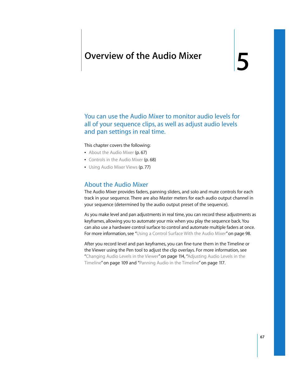 Overview of the audio mixer, About the audio mixer, Chapter 5 | Ee chapter 5 | Apple Final Cut Pro 5 User Manual | Page 854 / 1868