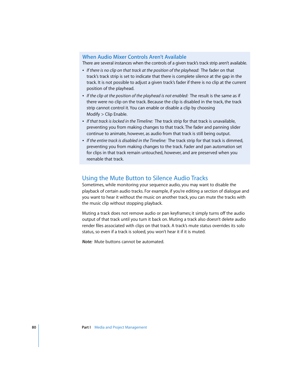 When audio mixer controls aren’t available, Using the mute button to silence audio tracks | Apple Final Cut Pro 5 User Manual | Page 867 / 1868