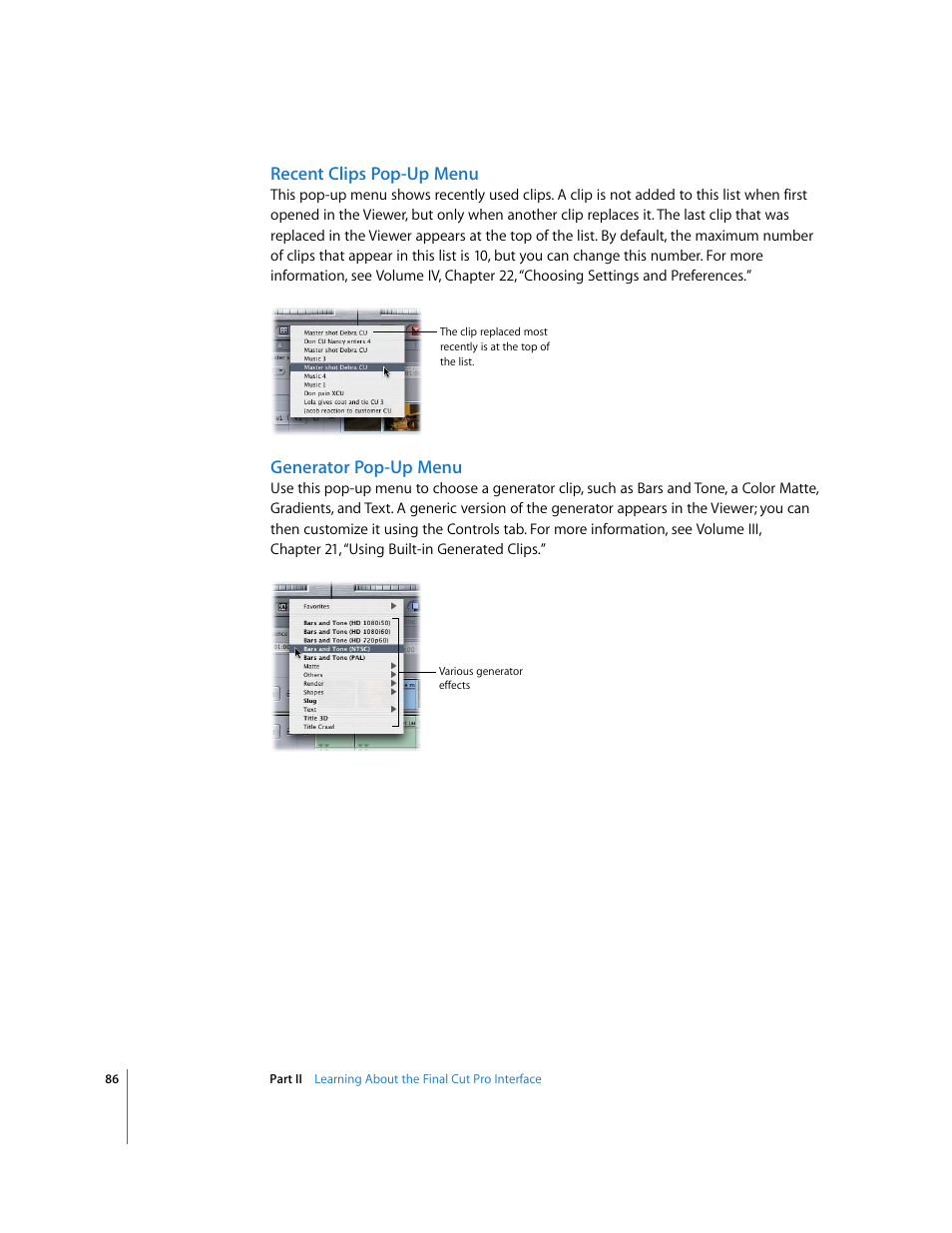 Recent clips pop-up menu, Generator pop-up menu | Apple Final Cut Pro 5 User Manual | Page 87 / 1868