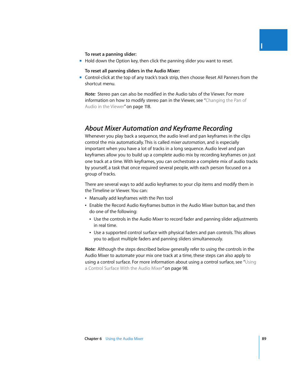 About mixer automation and keyframe recording, P. 89), About | Mixer automation and keyframe recording | Apple Final Cut Pro 5 User Manual | Page 876 / 1868