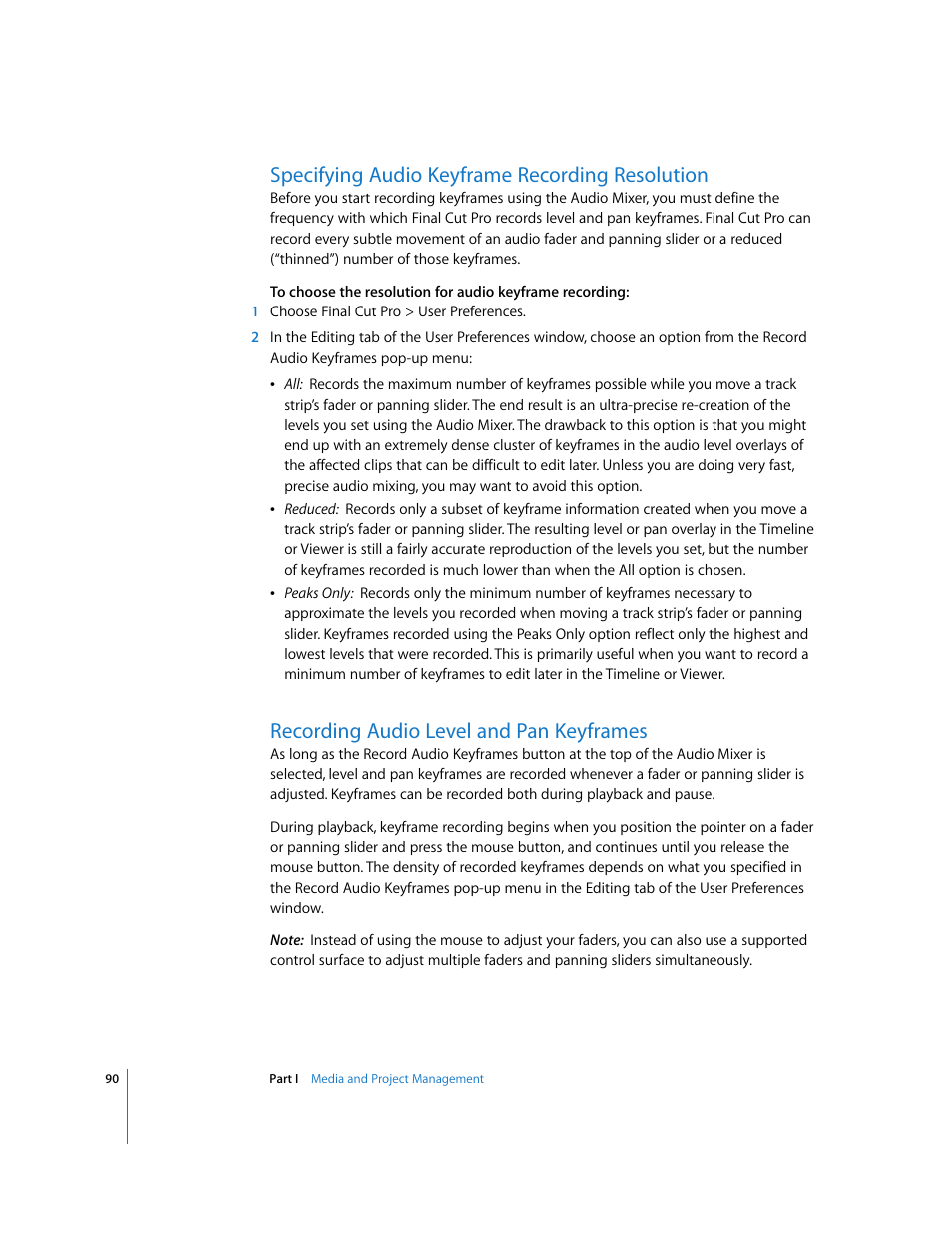 Specifying audio keyframe recording resolution, Recording audio level and pan keyframes | Apple Final Cut Pro 5 User Manual | Page 877 / 1868