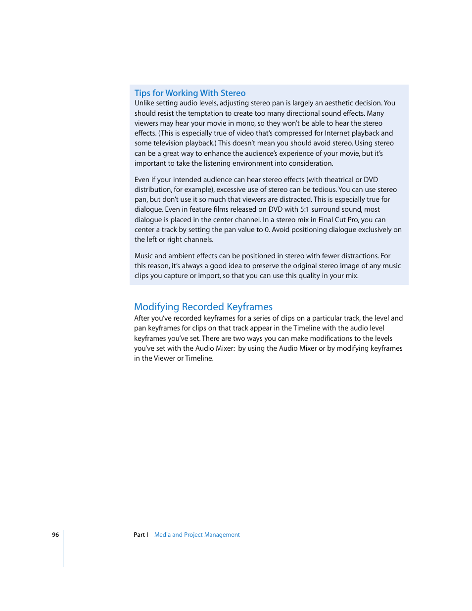 Tips for working with stereo, Modifying recorded keyframes | Apple Final Cut Pro 5 User Manual | Page 883 / 1868